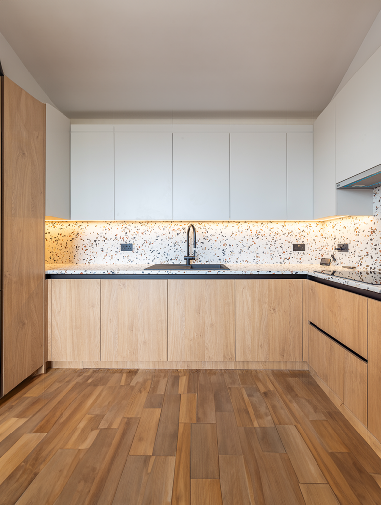 wooden floor and kitchen counter