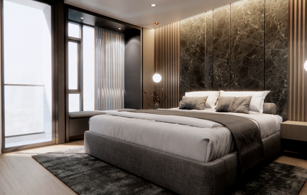 bedroom with a marble walls feature.