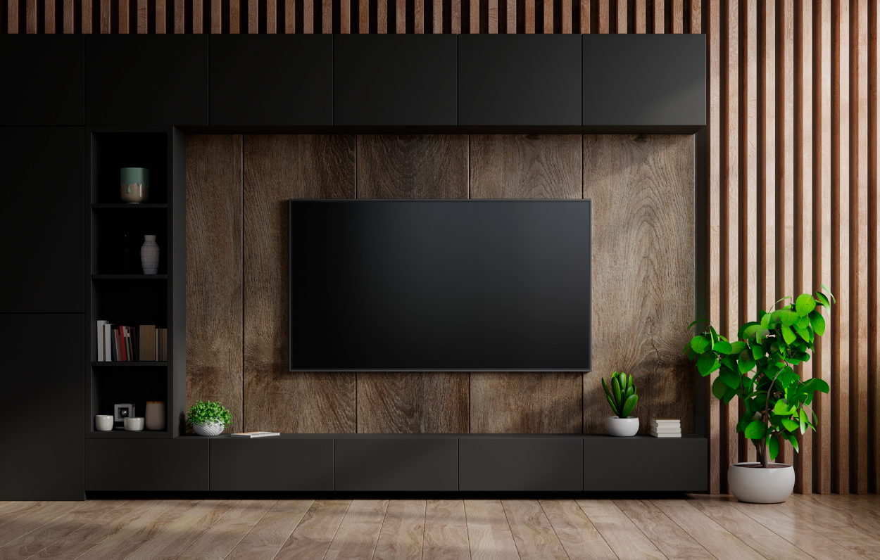 large tv media unit, black wood.