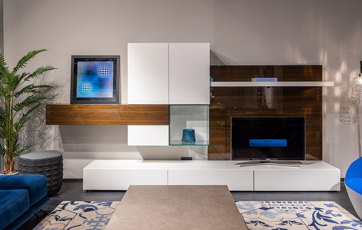 tv media unit, white and dark wood.